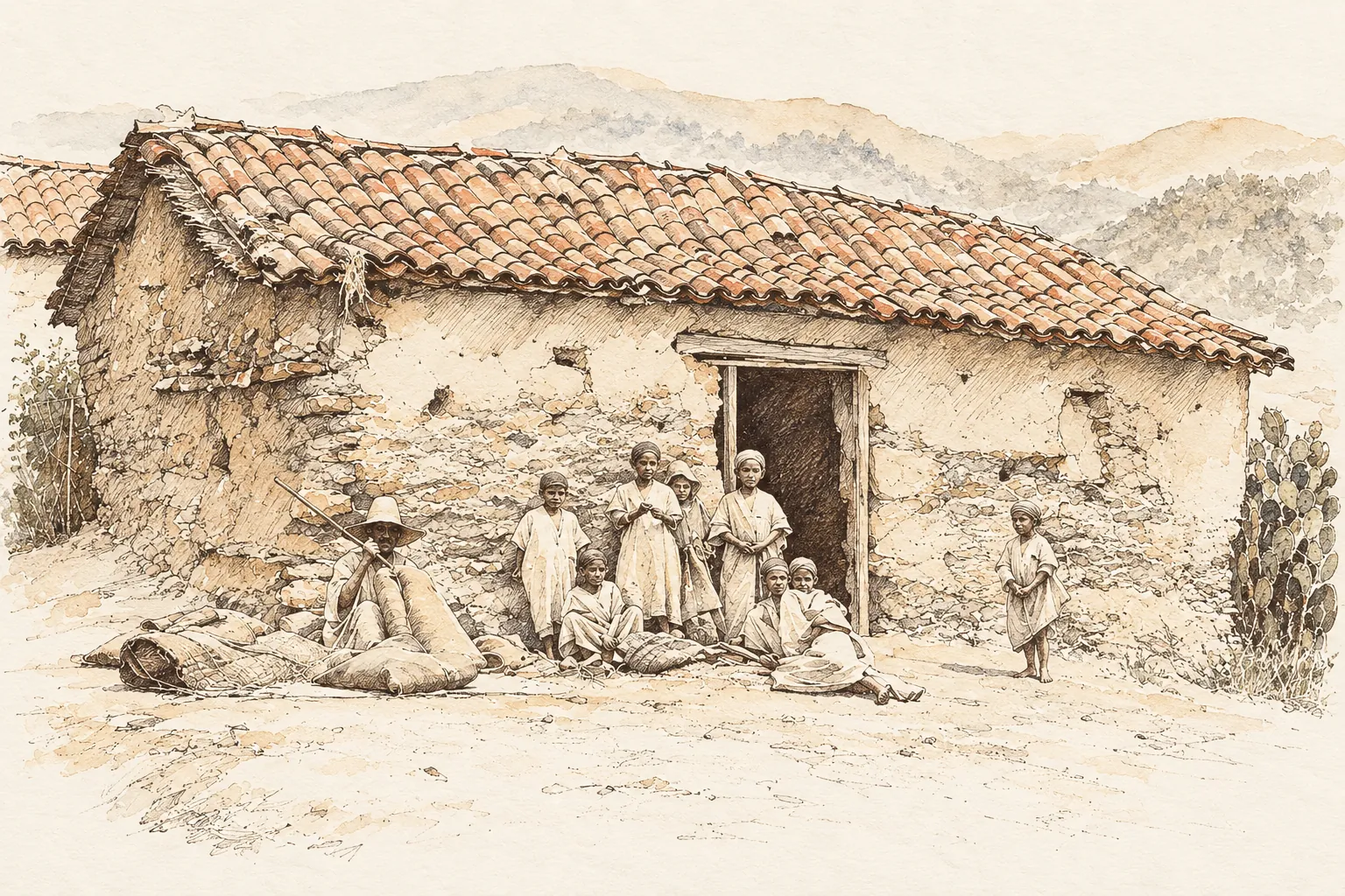 Dessin à l'encre d'une maison kabyle et de villageois assis devant, vers 1900