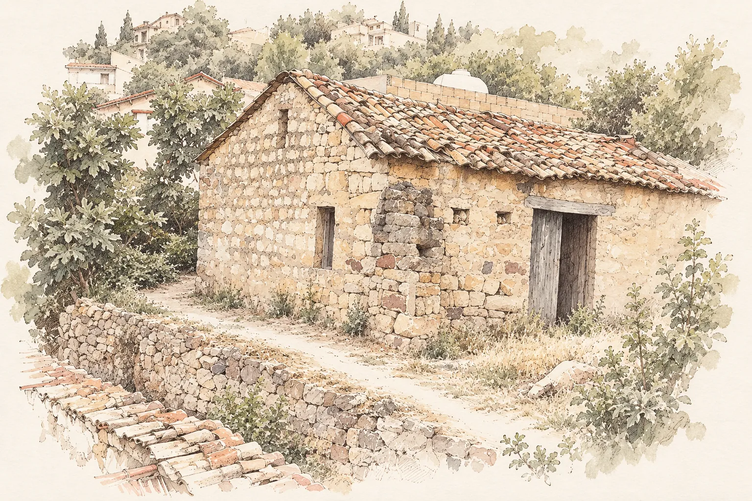 Dessin à l'encre d'une maison kabyle traditionnelle en pierre, au toit de tuiles