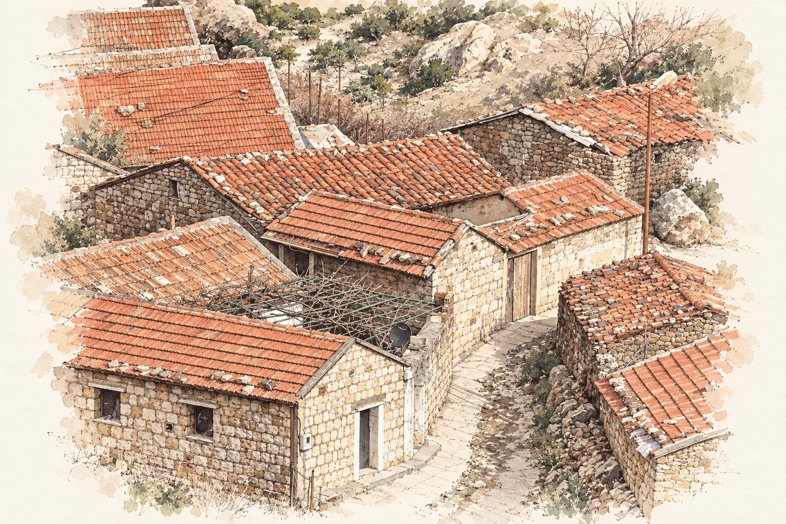Dessin à l'encre d'un village kabyle aux toits de tuiles, près de Béjaïa